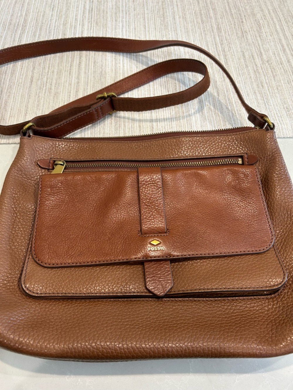 Fossil Cognac Brown Pebbled Leather Crossbody